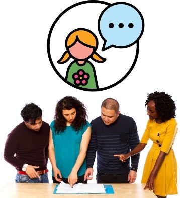 A group of people looking at a document together. Above them is a child beneath a speech bubble.