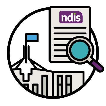A government building, an NDIS plan and a magnifying glass.