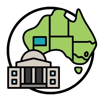 A government building and a map of Australia showing the states and territories.