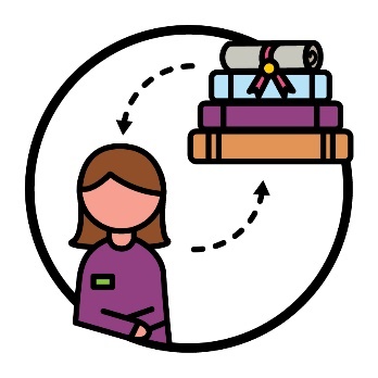 An arrow pointing from an NDIS worker to a stack of books. There is another arrow pointing from the stack of books to the NDIS worker.