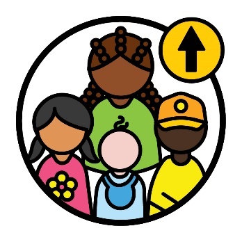 A worker supporting 3 children beneath an arrow pointing up.