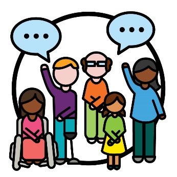 A reference group of people with speech bubbles. 2 people are raising their hands to say something. Some of them have disabilities.