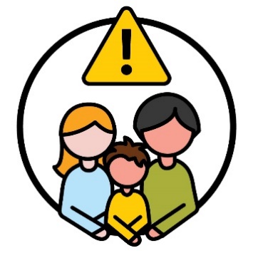 A family of 2 parents and one child with a problem icon above them.