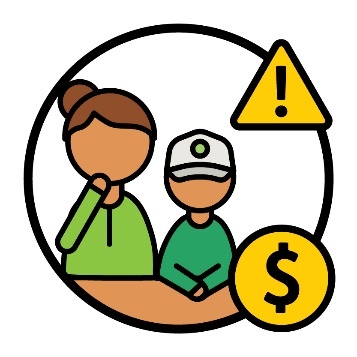 A worried parent and their child. Above them is a problem icon, and next to them is a dollar symbol.