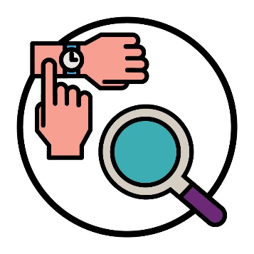 A person pointing to a watch on their wrist. Next to them is a magnifying glass.