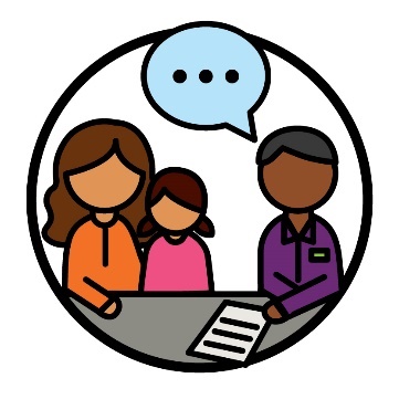 A family being supported by an NDIA worker. The worker has a speech bubble and a document.