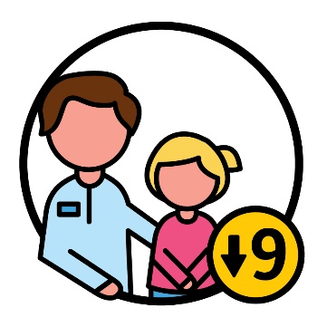 A worker supporting a child. Next to the child is the number '9' with an arrow pointing down next to it.