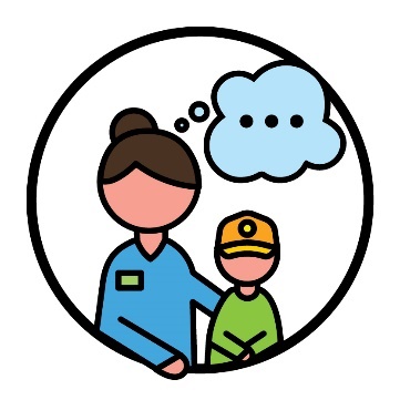 A support worker assisting a child. The worker has a thought bubble above them.