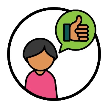 A participant with a speech bubble that has a thumbs up in it.