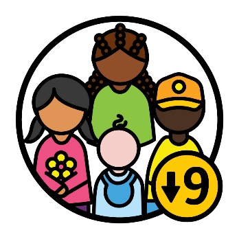 A diverse group of children. Next to them is the number '9' with an arrow pointing down next to it.