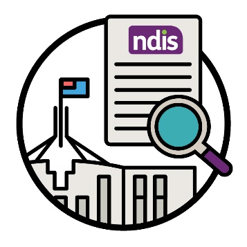 A document that says NDIS, a magnifying glass and the Australian Government building.