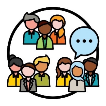 3 groups of 3 people, with a speech bubble.