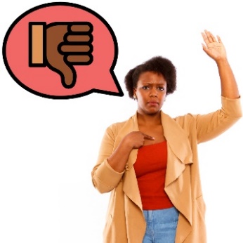 A person with their hand up, and a speech bubble showing a thumbs down.