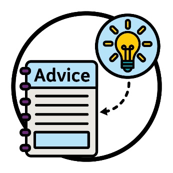 A lightbulb icon with an arrow pointing to an advice booklet.