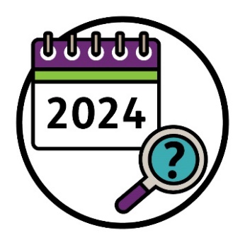 A calendar showing 2024, and a magnifying glass showing a question mark.