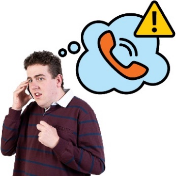 A participant using a phone, with a thought bubble showing a phone and a problem icon.