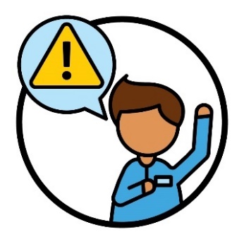 A person with their hand up, and a speech bubble showing a problem icon.