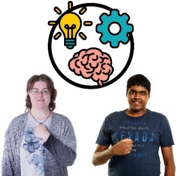 2 people pointing to themselves. Above them are icons for intellectual disability, including icons of a lightbulb, a gear and a brain.