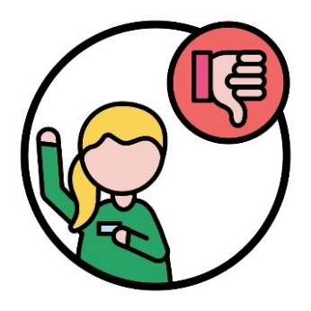 A support worker with their hand up, and a thumbs down icon.