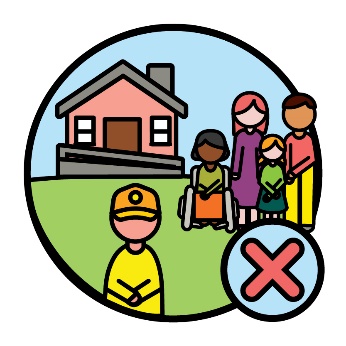 A young person standing away from a group of people in front of a house with a ramp, and a cross icon.