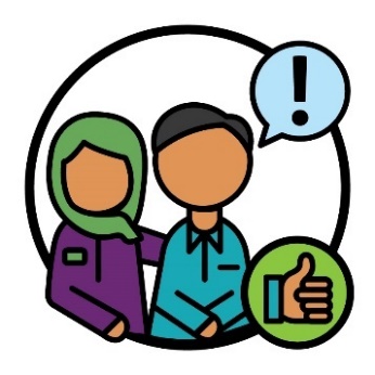 A participant with a speech bubble showing an exclamation mark. An NDIA worker is supporting them, and there is a thumbs up icon.