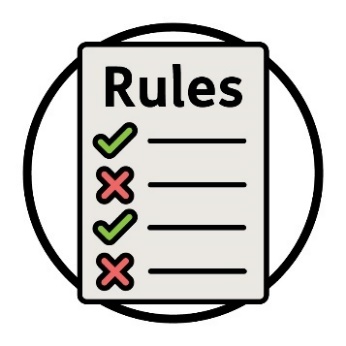 A document that says 'Rules' with ticks and crosses on it.