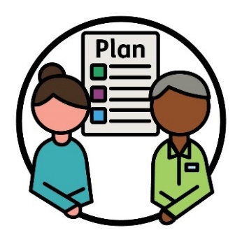 2 support workers with a plan icon behind them.