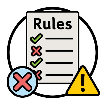 A document that says 'Rules' with ticks and crosses on it. There is also a cross icon and a problem icon.