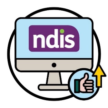 A computer showing the NDIS website, and an up arrow on a thumbs up.