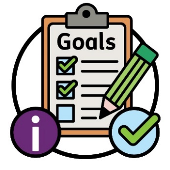 A goals list with items ticked off, an information icon and tick icon.