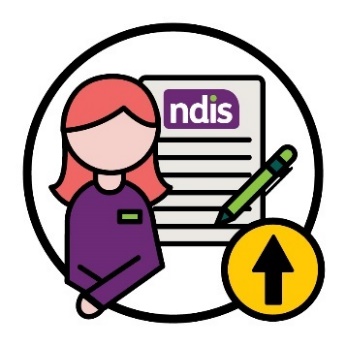 An NDIA worker with an NDIS document, and an arrow pointing up.