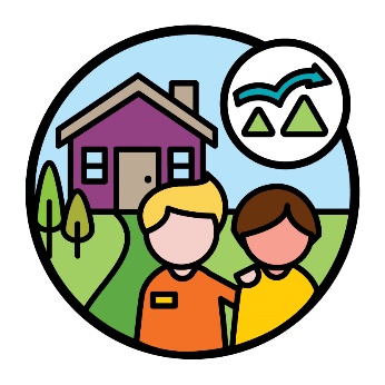 A support worker and a participant outside a house, with a challenges icon.