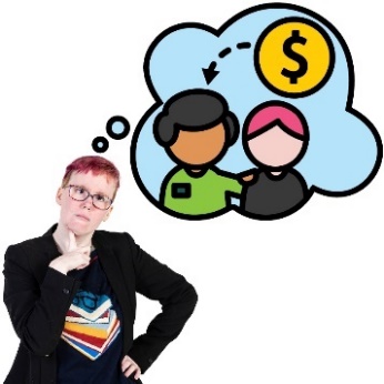 A participant with a thought bubble showing a money icon and an arrow to their support worker.