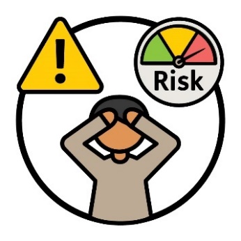 A person with their hands on their head, a problem icon and a high risk icon.