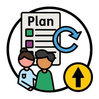 A participant and a support worker with an NDIS plan showing a change icon, and an arrow pointing up.