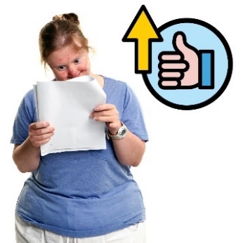 A person with disability reading a document, and an up arrow on a thumbs up.