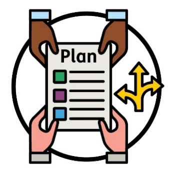 A person handing an NDIS plan to another person, and an arrow pointing 3 directions.