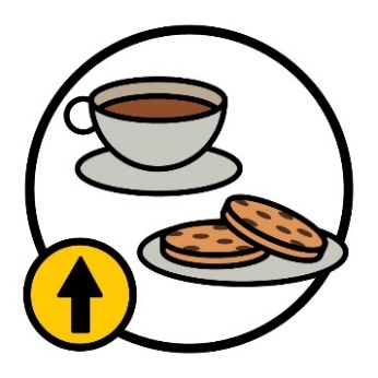 A cup of tea and biscuits, with an up arrow.