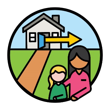 A person supporting a child. Behind them is a house with an arrow coming out from the door and pointing to the right.