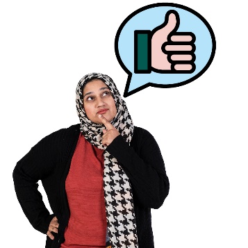 A person thinking and a speech bubble with a thumbs up icon in it.