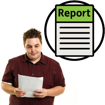A person reading a document. Above them is a report icon. 