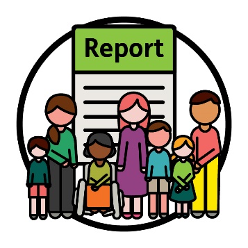A diverse group of people in front of a report icon.