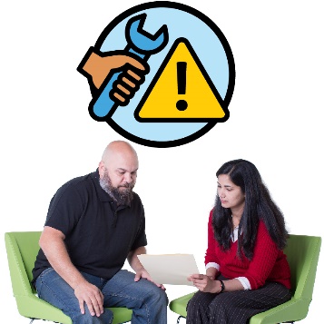 A person supporting someone read a document. Above them is a problem icon with a hand holding a tool.