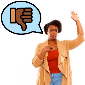 A person pointing to themselves and raising their hand. Above them is a speech bubble with a thumbs down icon in it.
