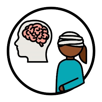 A person with a bandage wrapped around their head. Next to them is an icon of a brain.