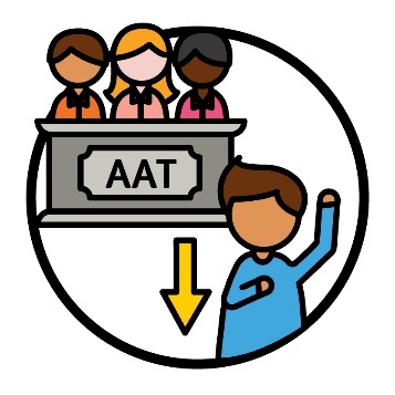 A person raising their hand next to an arrow pointing down. Behind them are 3 people behind a podium that says 'AAT'.