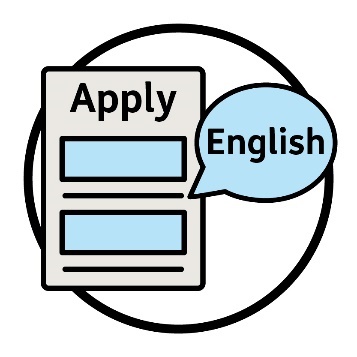 A document that says 'Apply' with a speech bubble that says 'English'.