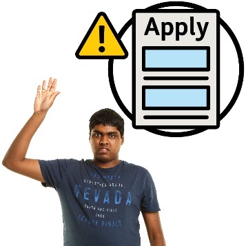 A person raising their hand. Above them is a document that says 'Apply' with a problem icon.
