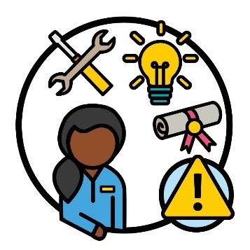 A provider next to a problem icon. Above them are icons for skills, including tools, a lightbulb and education.