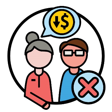 A person with a speech bubble that has a dollar sign icon with an arrow pointing down in it. Next to them is a person and a cross.